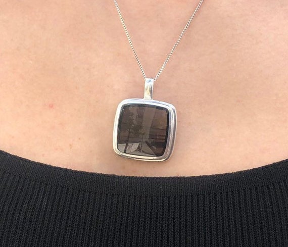 Obsidian Pendant, Natural Obsidian Necklace, Silver Statement Pendant, Large Square Pendant, Silver Vintage Necklace, Rare By Adina