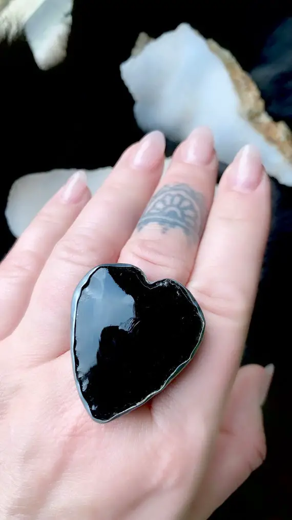 Black Obsidian Ring, Statement Ring, Heart Ring