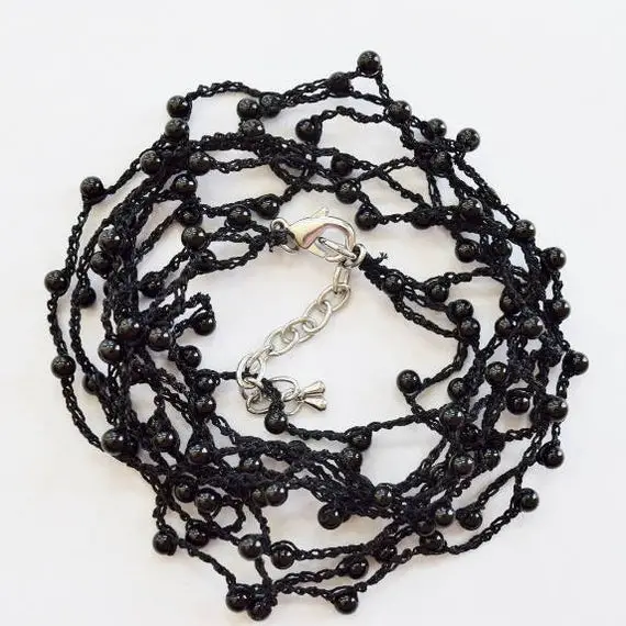 Three Strand Hand Crochet Necklace With Natural Black Onyx Beads - 1 Pc