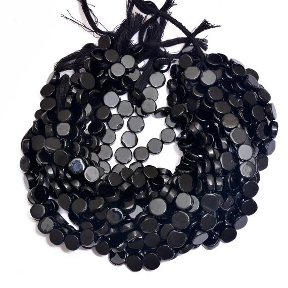 Black Onyx Coin Beads | 9mm & 10mm Smooth Beads | 10inch Strand | Natural Onyx Semi Precious Gemstone Beads For Jewelry | Wholesale Price |