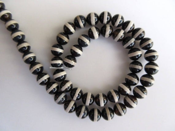 Banded Black Onyx Large Hole Gemstone Beads, 8mm Banded Black Onyx Smooth Round Beads, Drill Size 1mm, 15 Inch Strand, Gds546