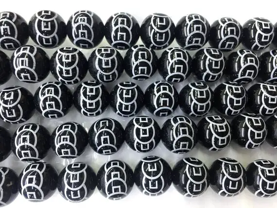 Black Onyx Stamped Beads - Black And White Beads - White Pattern Jewelry Beads - 8mm 10mm Black Gemstone Beads - Round Stone Beads -15in