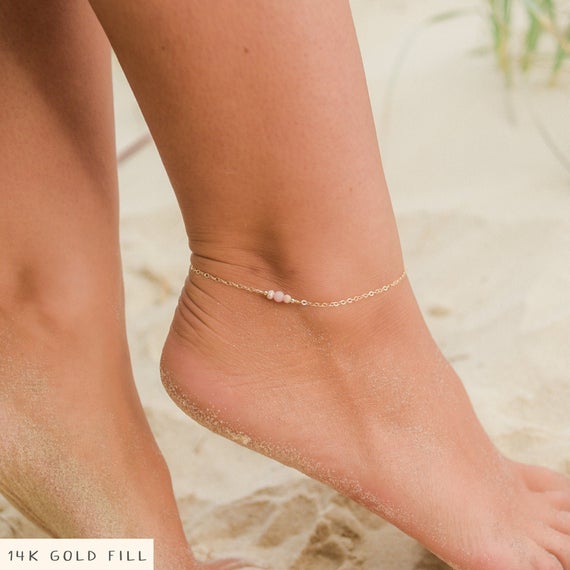 Pink Peruvian Opal Ankle Bracelet. Pink Opal Anklet. Pink Anklet. Handmade Jewelry. Gemstone Anklet. Crystal Anklet. October Birthstone