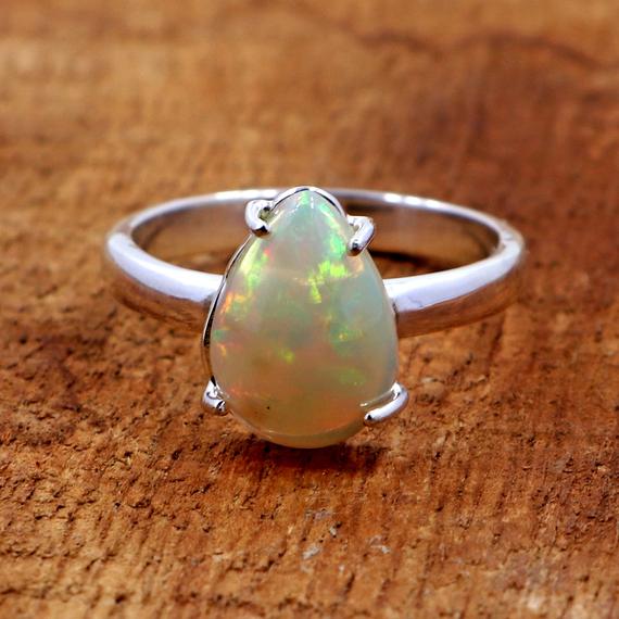 Lovable Ring Of Ethiopian Opal/ 925 Sterling Silver Ethiopian Opal Ring/ Translucent To Transparent Pear Shape Opal Ring/ Fire Opal Cabochon