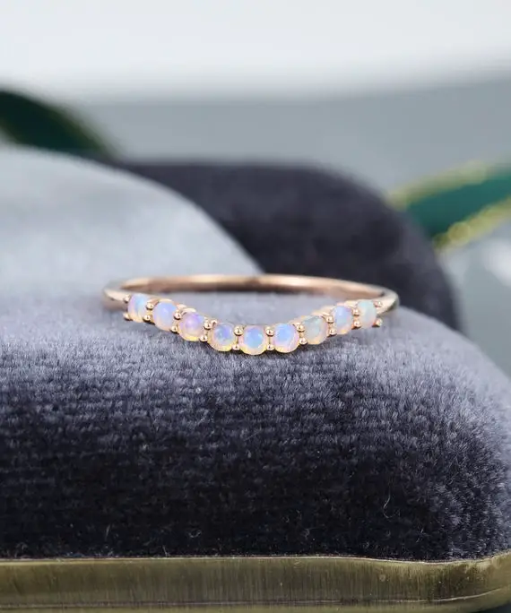 Opal Wedding Band Women Solid 14k Rose Gold Unique Curved Wedding Band Vintage Stacking Matching Bridal Set Promise Anniversary Gift For Her