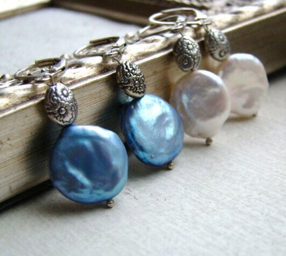 Coin Pearl Sterling Silver Earrings, White Or Blue Pearls.