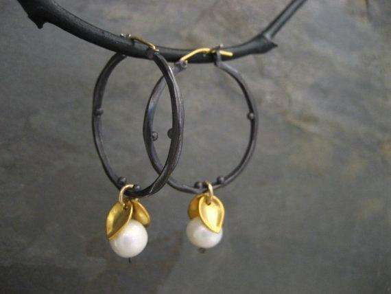 Pearl Hoops, Mixed Metal Earrings, Leaf Dangle, Black And Gold, Freshwater Pearl, Statement Earrings, Pearl Dangle