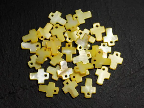 10pc - Perles Pendentifs Breloques Nacre Croix 12mm Jaune Poussin Pastel - 8741140003439