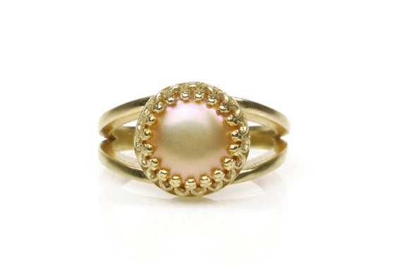 14k Gold Pearl Ring · Peach Pearl Ring · June Birthstone Ring · Peach Pearl Stack Ring · Double Band Ring · Anniversary Gift For Her