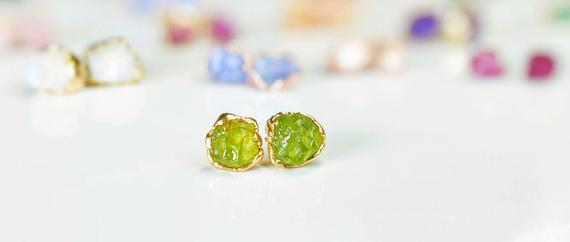 Raw Peridot Earrings, Peridot Stud Earrings, August Birthstone Earrings, Green Stone Earrings, Raw Gemstone Studs, Gift For Her, Boho Studs