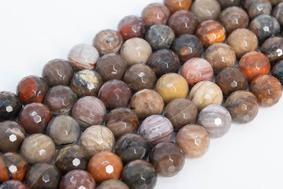 Genuine Natural Brown Petrified Wood Jasper Loose Beads Micro Faceted Round Shape 11-12mm