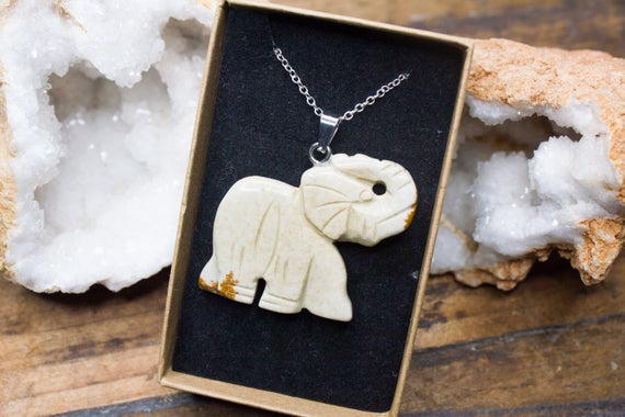 Picture Jasper Elephant Necklace Jewellery Silver Crystal Healing Elephant Pendant Zodiac Birthday Gift May Taurus Gemini