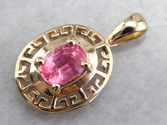 Pink Sapphire Gold Pendant, Pink Gem Pendant, Anniversary Gift, Bridal Jewelry, Key Pattern Pendant, L0ljcu74