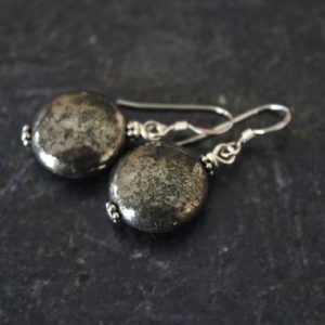 Shop Pyrite Earrings! Pyrite Coin Earrings, Pyrite 12mm Coins, Silver Heishi Beads, Pyrite Bead Earrings, Fool's Gold Earrings, Pyrite Jewelry, Silver Earrings | Natural genuine Pyrite earrings. Buy crystal jewelry, handmade handcrafted artisan jewelry for women.  Unique handmade gift ideas. #jewelry #beadedearrings #beadedjewelry #gift #shopping #handmadejewelry #fashion #style #product #earrings #affiliate #ad