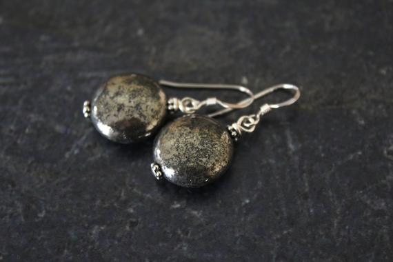 Pyrite Coin Earrings, Pyrite 12mm Coins, Silver Heishi Beads, Pyrite Bead Earrings, Fool's Gold Earrings, Pyrite Jewelry, Silver Earrings