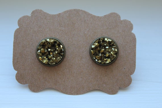Pyrite Druzy Earrings, Gold Earrings, Drusy Earrings, 12mm Brass Post, Druzy Earrings, Brass Druzy Post, Pyrite Gold Druzy Earrings, Studs
