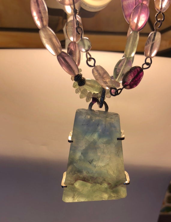 Rainbow Fluorite Pendant Necklace: Sterling Silver Wire Cage, Multi-strand