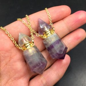 Purple Fluorite Point Perfume Bottle Necklace Pendant Rainbow Fluorite Essential Oil Diffuser Bottle Pendant Gemstone Crystal Scent Bottle