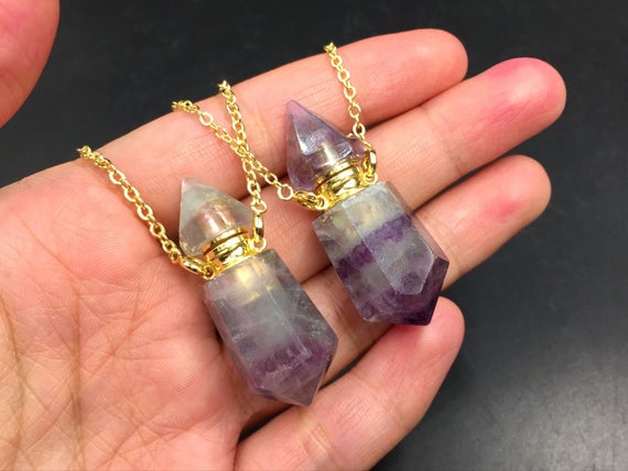 Purple Fluorite Point Perfume Bottle Necklace Pendant Rainbow Fluorite Essential Oil Diffuser Bottle Pendant Gemstone Crystal Scent Bottle