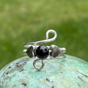 Shop Rainbow Obsidian Rings! Rainbow Obsidian Sterling Silver Crystal Wire Wrap Beaded Gemstone Ring, Black Crystal Heart Ring, Sweetheart Ring, Valentine Gift | Natural genuine Rainbow Obsidian rings, simple unique handcrafted gemstone rings. #rings #jewelry #shopping #gift #handmade #fashion #style #affiliate #ad