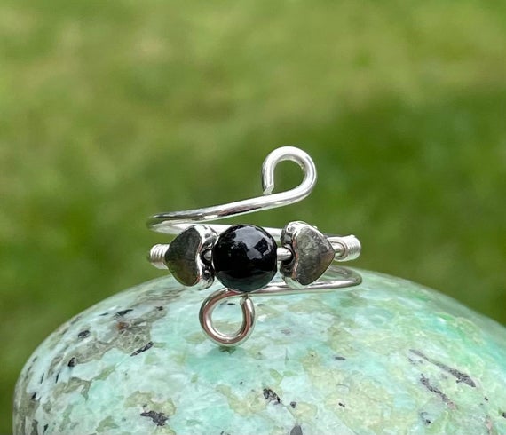Rainbow Obsidian Sterling Silver Crystal Wire Wrap Beaded Gemstone Ring, Black Crystal Heart Ring, Sweetheart Ring, Valentine Gift