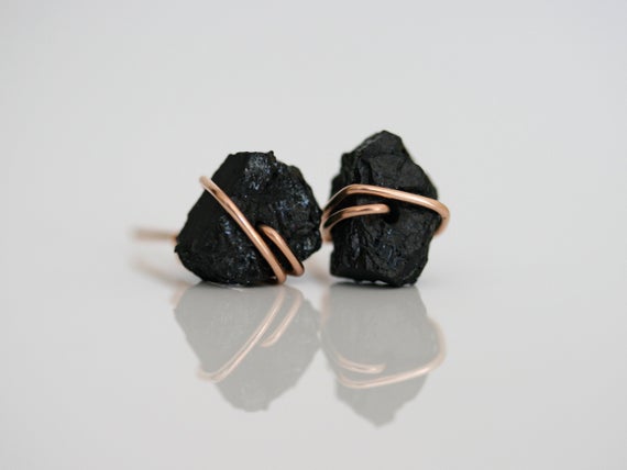 Raw Tourmaline Stud Earrings, Black Tourmaline Earrings, Raw Black Earrings, Raw Gemstone Studs, October Birthstone