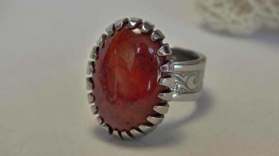 Red Jasper Ring, Recycled Spoon Ring Flower Pattern Band, Unique Rings For Women, Big Crystal Ring, Chunky Silver Ring, Red Gemstone Ring
