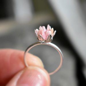 Unique Rhodochrosite Ring, Pink and Silver Jewelry, Pink Crystal Engagement Ring, Lotus Flower Ring in Silver, Rough Gemstone Jewelry | Natural genuine Array jewelry. Buy handcrafted artisan wedding jewelry.  Unique handmade bridal jewelry gift ideas. #jewelry #beadedjewelry #gift #crystaljewelry #shopping #handmadejewelry #wedding #bridal #jewelry #affiliate #ad
