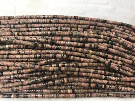 Rhodonite Pink 4mm Heishi Genuine Black Line Gemstone Loose Beads 15inch Jewelry Supply Bracelet Necklace Material Support Wholesale