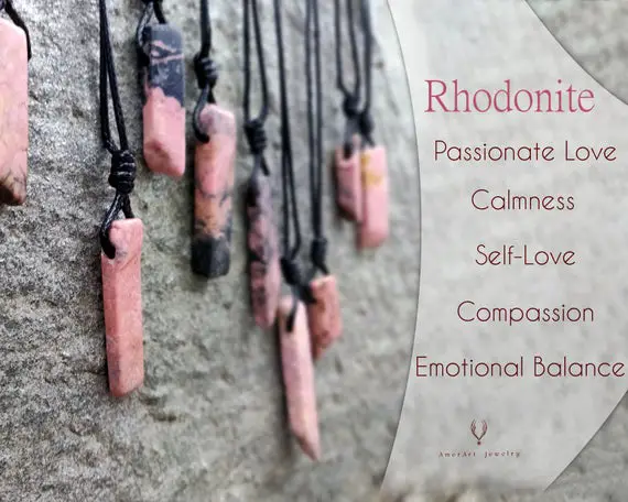 Rhodonite Point Crystal Necklace, Semi Raw Stone Jewelry, Heart Chakra Healing Pendant, Breakup Gift For Women Or Men + Layered Necklace Set