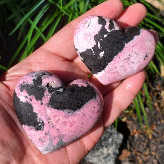 Peruvian Pink Rhodonite Crystal Stone Hearts For Emotional Balance And Compassion, Heart Chakra Stone, Yin And Yang Balance Stone