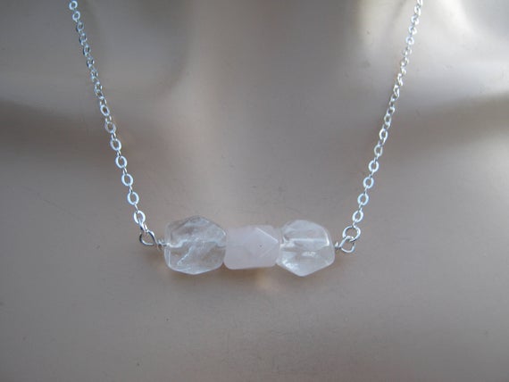 Faceted Rose Quartz Necklace, Polished Quartz Crystal Pendant, 925 Sterling Silver Bar Necklace, Clear White And Pink, Choose Length, Gn16