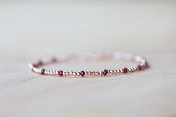Dainty Rose Gold Fill Beaded Bracelet With Ruby, Skinny Beaded Stacking Jewelry, Sterling Silver July Birthstone