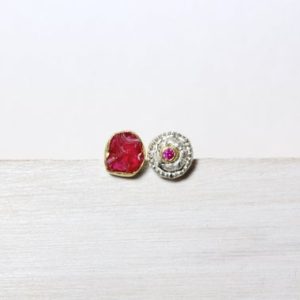 Mismatched Ruby Stud Earrings Raw Intense Reddish Pink Gemstone Accessories Silver 22K Yellow Gold Bezel July Birthstone Gift – Fuchsrötchen | Natural genuine Array earrings. Buy crystal jewelry, handmade handcrafted artisan jewelry for women.  Unique handmade gift ideas. #jewelry #beadedearrings #beadedjewelry #gift #shopping #handmadejewelry #fashion #style #product #earrings #affiliate #ad