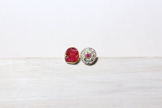 Mismatched Ruby Stud Earrings Raw Intense Reddish Pink Gemstone Accessories Silver 22k Yellow Gold Bezel July Birthstone Gift - Fuchsrötchen