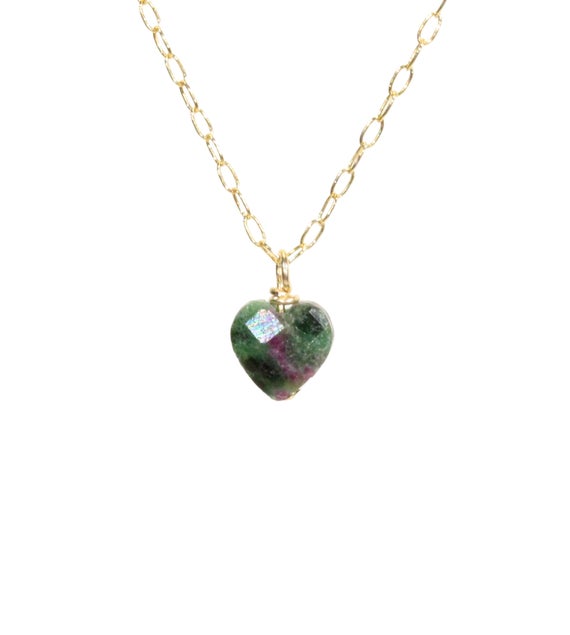 Ruby Zoisite Heart, 14k Gold Filled Heart Necklace, Green Heart Pendant, Tiny Heart, Crystal Necklace, Gemstone Heart Jewelry, Gift For Her
