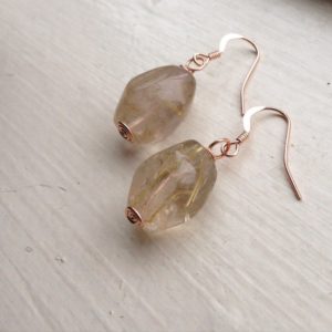 Shop Rutilated Quartz Earrings! Gold Rutilated Quartz Wirewrapped Crystal Healing Earrings – Rose Gold fill Wire and Hooks – Wedding, Gift, Anniversary | Natural genuine Rutilated Quartz earrings. Buy handcrafted artisan wedding jewelry.  Unique handmade bridal jewelry gift ideas. #jewelry #beadedearrings #gift #crystaljewelry #shopping #handmadejewelry #wedding #bridal #earrings #affiliate #ad