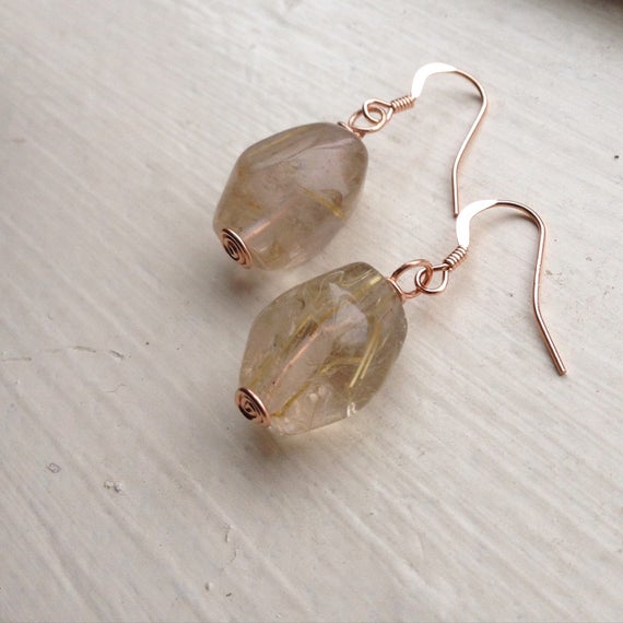 Gold Rutilated Quartz Wirewrapped Crystal Healing Earrings - Rose Gold Fill Wire And Hooks - Wedding, Gift, Anniversary