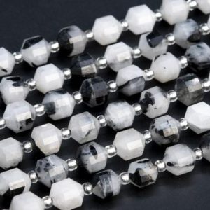 Shop Rutilated Quartz Faceted Beads! Genuine Natural Black Rutilated Quartz Loose Beads Grade A Faceted Bicone Barrel Drum Shape 8x7mm | Natural genuine faceted Rutilated Quartz beads for beading and jewelry making.  #jewelry #beads #beadedjewelry #diyjewelry #jewelrymaking #beadstore #beading #affiliate #ad