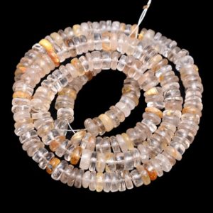 Shop Rutilated Quartz Rondelle Beads! AAA+ Gold Rutilated Quartz 5mm Smooth Heishi Beads | Gemstone Tyre Rondelle 16inch Strand | Natural Golden Rutile Gemstone Loose Coin Beads | Natural genuine rondelle Rutilated Quartz beads for beading and jewelry making.  #jewelry #beads #beadedjewelry #diyjewelry #jewelrymaking #beadstore #beading #affiliate #ad