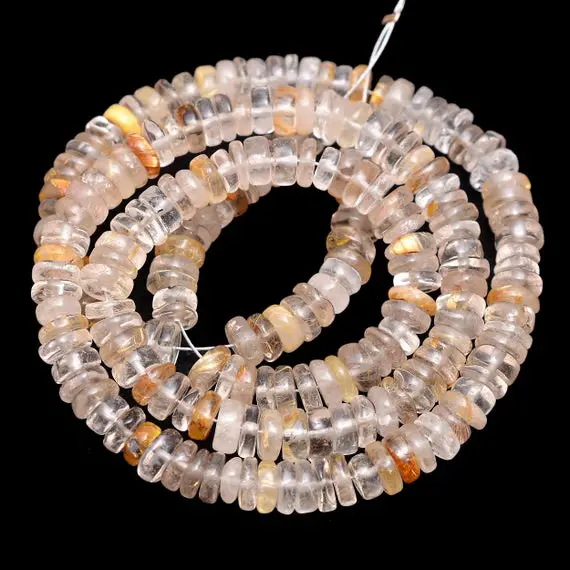 Aaa+ Gold Rutilated Quartz 5mm Smooth Heishi Beads | Gemstone Tyre Rondelle 16inch Strand | Natural Golden Rutile Gemstone Loose Coin Beads