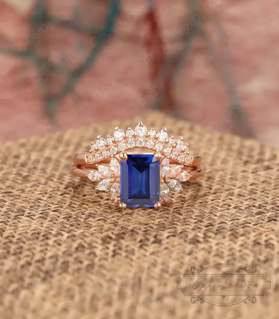 Sapphire Bridal Set, Unique Wedding Ring Set, Oval Shape Blue Sapphire Engagement Ring, 14k Rose Gold Matching Ring, Vintage Women Ring Set