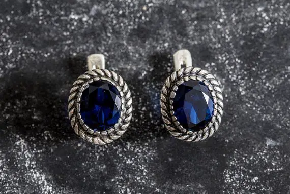 Blue Sapphire Earrings, Created Sapphire, Vintage Earrings, Blue Sapphire, Blue Stone, Royal Blue Earrings, Solid Silver Earrings, Sapphire