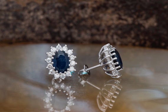 Sapphire Stud Earrings-sapphire Halo Earring-blue Sapphire Earrings-diamond Earrings With Sapphire-genuine Sapphire Earrings-oval Sapphire