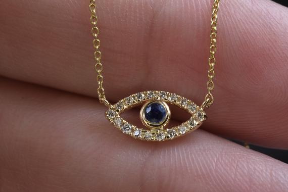 Evil Eye Necklace, Gold Sapphire Necklace, Sapphire Diamond Necklace, September Birthstone, Dainty Sapphire Necklace, Gift For Her, Evil Eye
