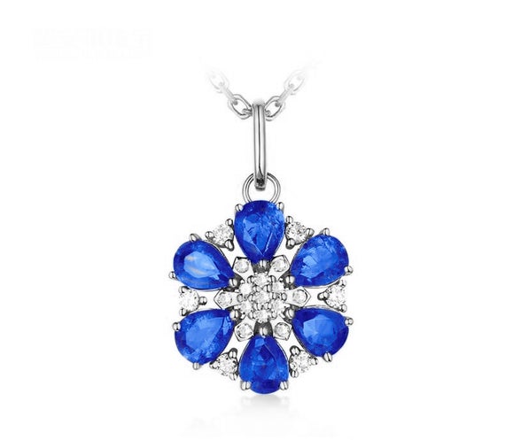 Sapphire Pendant Necklace .real Genuine Real Sapphire=0.90 Carat Set With Diamond In 14k Gold . Free Shipping In The Usa