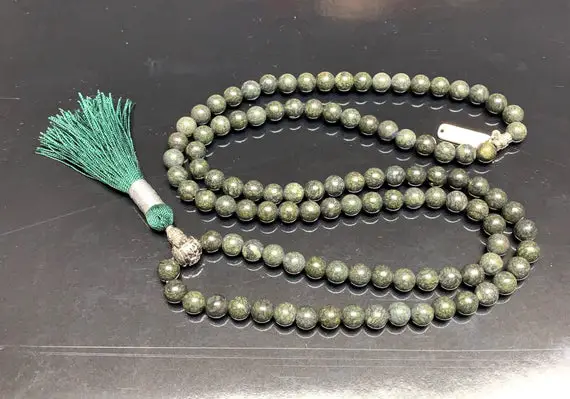 Green 8mm Russian Serpentine Handmade Buddhist Mala Beads Necklace - For Opening Heart Chakra, Cellular Regeneration, Kundalini Awakeni