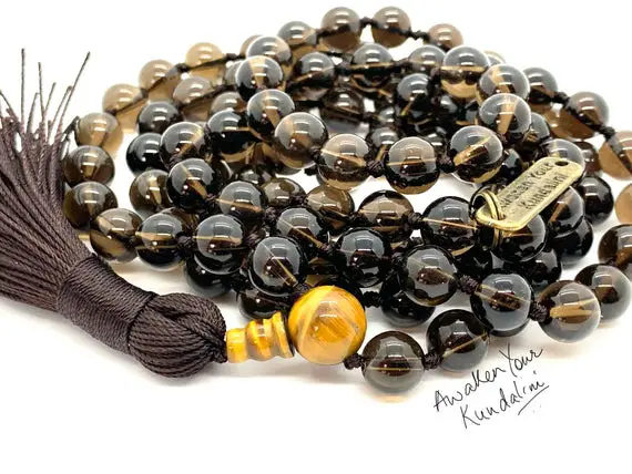 Smokey Quartz Mala Beads Necklace Root Chakra Aids Sexual Life Aaa Grade Knotted Yoga Jewelry Brown Smoky Quartz Beads 108 Beaded Gem Boho