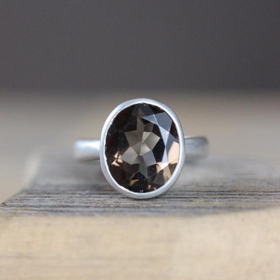 Ecologically Friendly Smoky Quartz Ring, A Solitaire Gemstone Ring Made In Recycled Silver Jewelry, Low Carbon Footprint Jewelry