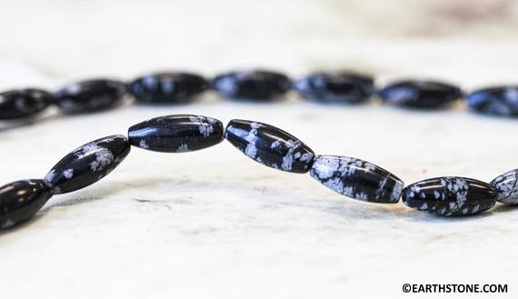 S/ Snowflake Obsidian 5x12mm/ 4x6mm Oval Rice Beads; Approx. 15.5 Inches Long; Black And White Gemstone Oval Beads